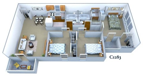 Floor plan for 3 beds, 2 baths, 1305 sqft